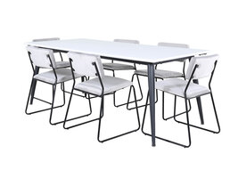 ebuy24 Jimmy195 eethoek eetkamertafel uitschuifbare tafel lengte cm 195 / 285 wit en 6 Kenth eetkamerstal velours grijs.