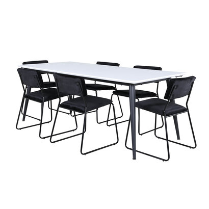 ebuy24 Jimmy195 eethoek eetkamertafel uitschuifbare tafel lengte cm 195 / 285 wit en 6 Kenth eetkamerstal velours zwart.