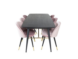 ebuy24 Gold eethoek eetkamertafel uitschuifbare tafel lengte cm 180 / 220 zwart en 6 Velvet eetkamerstal velours roze, zwart, messing decor.