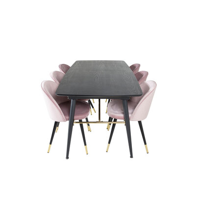 ebuy24 Gold eethoek eetkamertafel uitschuifbare tafel lengte cm 180 / 220 zwart en 6 Velvet eetkamerstal velours roze, zwart, messing decor.