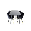 ebuy24 Gold eethoek eetkamertafel uitschuifbare tafel lengte cm 180 / 220 zwart en 6 Velvet eetkamerstal velours zwart, messing decor.