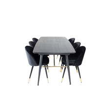 ebuy24 Gold eethoek eetkamertafel uitschuifbare tafel lengte cm 180 / 220 zwart en 6 Velvet eetkamerstal velours zwart, messing decor.