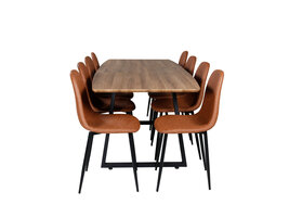 ebuy24 IncaNABL eethoek eetkamertafel uitschuifbare tafel lengte cm 160 / 200 el hout decor en 8 Polar eetkamerstal PU kunstleer bruin.