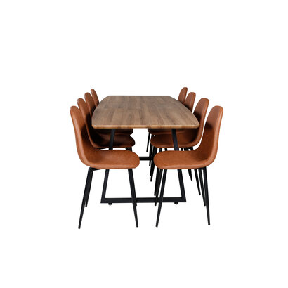 ebuy24 IncaNABL eethoek eetkamertafel uitschuifbare tafel lengte cm 160 / 200 el hout decor en 8 Polar eetkamerstal PU kunstleer bruin.
