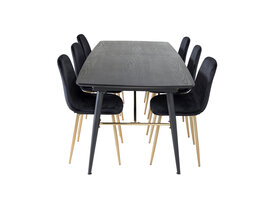 ebuy24 Gold eethoek eetkamertafel uitschuifbare tafel lengte cm 180 / 220 zwart en 6 Polar eetkamerstal velours zwart, messing decor.