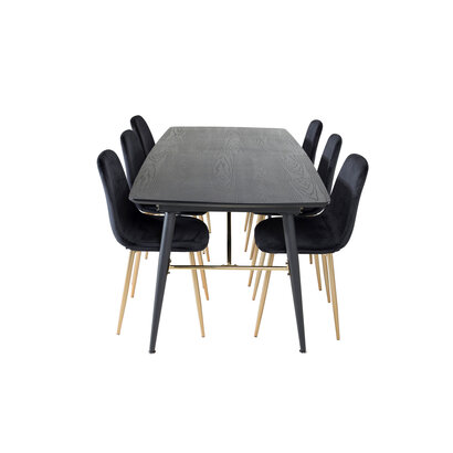 ebuy24 Gold eethoek eetkamertafel uitschuifbare tafel lengte cm 180 / 220 zwart en 6 Polar eetkamerstal velours zwart, messing decor.
