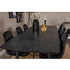 ebuy24 Gold eethoek eetkamertafel uitschuifbare tafel lengte cm 180 / 220 zwart en 6 Polar eetkamerstal velours zwart, messing decor.