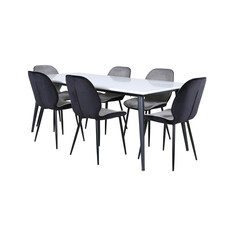 ebuy24 Jimmy195 eethoek eetkamertafel uitschuifbare tafel lengte cm 195 / 285 wit en 6 Emma eetkamerstal velours grijs,zwart.