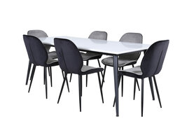 ebuy24 Jimmy195 eethoek eetkamertafel uitschuifbare tafel lengte cm 195 / 285 wit en 6 Emma eetkamerstal velours grijs,zwart.