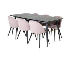 ebuy24 Gold eethoek eetkamertafel uitschuifbare tafel lengte cm 180 / 220 zwart en 6 Velvet eetkamerstal fluweel roze, zwart.