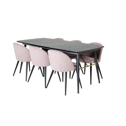 ebuy24 Gold eethoek eetkamertafel uitschuifbare tafel lengte cm 180 / 220 zwart en 6 Velvet eetkamerstal fluweel roze, zwart.