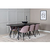 ebuy24 Gold eethoek eetkamertafel uitschuifbare tafel lengte cm 180 / 220 zwart en 6 Velvet eetkamerstal fluweel roze, zwart.