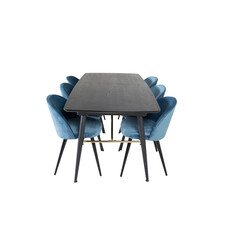 ebuy24 Gold eethoek eetkamertafel uitschuifbare tafel lengte cm 180 / 220 zwart en 6 Velvet eetkamerstal velours blauw, zwart.
