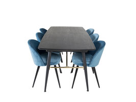 ebuy24 Gold eethoek eetkamertafel uitschuifbare tafel lengte cm 180 / 220 zwart en 6 Velvet eetkamerstal velours blauw, zwart.