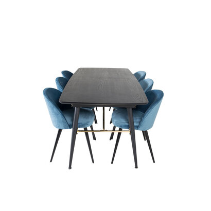 ebuy24 Gold eethoek eetkamertafel uitschuifbare tafel lengte cm 180 / 220 zwart en 6 Velvet eetkamerstal velours blauw, zwart.