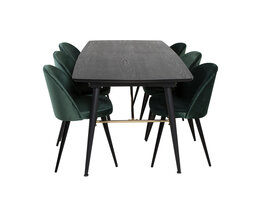 ebuy24 Gold eethoek eetkamertafel uitschuifbare tafel lengte cm 180 / 220 zwart en 6 Velvet eetkamerstal velours groente, zwart.