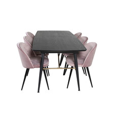 ebuy24 Gold eethoek eetkamertafel uitschuifbare tafel lengte cm 180 / 220 zwart en 6 Velvet eetkamerstal velours roze, zwart.