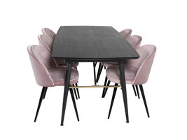 ebuy24 Gold eethoek eetkamertafel uitschuifbare tafel lengte cm 180 / 220 zwart en 6 Velvet eetkamerstal velours roze, zwart.