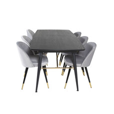 ebuy24 Gold eethoek eetkamertafel uitschuifbare tafel lengte cm 180 / 220 zwart en 6 Velvet eetkamerstal velours lichtgrijs.