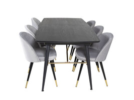 ebuy24 Gold eethoek eetkamertafel uitschuifbare tafel lengte cm 180 / 220 zwart en 6 Velvet eetkamerstal velours lichtgrijs.