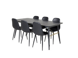 ebuy24 Gold eethoek eetkamertafel uitschuifbare tafel lengte cm 180 / 220 zwart en 6 Polar eetkamerstal PU kunstleer zwart PU kunstleer.