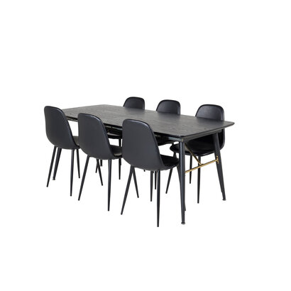 ebuy24 Gold eethoek eetkamertafel uitschuifbare tafel lengte cm 180 / 220 zwart en 6 Polar eetkamerstal PU kunstleer zwart PU kunstleer.