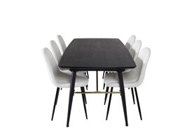 ebuy24 Gold eethoek eetkamertafel uitschuifbare tafel lengte cm 180 / 220 zwart en 6 Polar Fluff eetkamerstal Teddy wit.