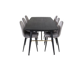 ebuy24 Gold eethoek eetkamertafel uitschuifbare tafel lengte cm 180 / 220 zwart en 6 Polar eetkamerstal velours grijs.