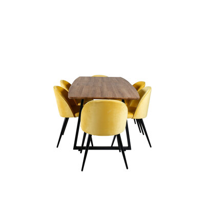 ebuy24 IncaNABL eethoek eetkamertafel uitschuifbare tafel lengte cm 160 / 200 el hout decor en 6 Velvet eetkamerstal velours geel, zwart.