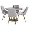 ebuy24 EstelleÃ˜106BLBR eethoek eetkamertafel zwart, marmer en 4 Velvet Deluxe eetkamerstal velours lichtgrijs, messing decor.