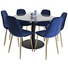 ebuy24 EstelleÃ˜106BLBL eethoek eetkamertafel zwart, marmer en 6 Polar eetkamerstal velours blauw, messing decor.