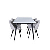ebuy24 Jimmy150 eethoek eetkamertafel uitschuifbare tafel lengte cm 150 / 240 wit en 4 Velvet eetkamerstal lichtgrijs, zwart.