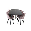 ebuy24 Gold eethoek eetkamertafel uitschuifbare tafel lengte cm 180 / 220 zwart en 6 Velvet eetkamerstal fluweel roze, zwart.