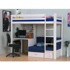 Hoogslaper wit met bureau, bank en kussenset blauw Kids