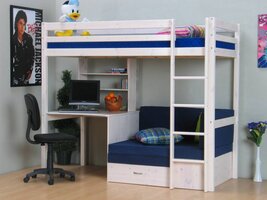 Hoogslaper wit met bureau, bank en kussenset blauw Kids