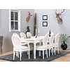 Mozart eethoek 100x180/280 cm incl. 2 verlengbladen antiek wit met 2+6 Rococo stoelen antiek wit/beige.