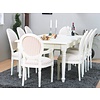 Mozart eethoek 100x180/280 cm incl. 2 verlengbladen antiek wit met 2+6 Rococo stoelen antiek wit/beige.
