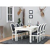 Mozart eethoek 100x180/280 cm incl. 2 verlengbladen antiek wit met 6 Rococo stoelen antiek wit/zwart.