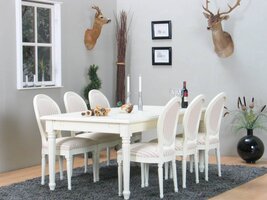 Mozart eethoek 100x180/280 cm incl. 2 verlengbladen antiek wit met 6 Rococo stoelen antiek wit/beige.