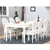 Mozart eethoek 100x180/280 cm incl. 2 verlengbladen antiek wit met 6 Rococo stoelen antiek wit/beige.