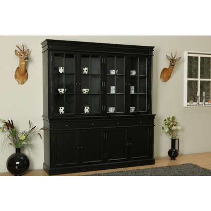 Amaretta vitrinekast 4 deuren, zwart antiek gepatineerd. Breedte 186 cm, hoogte 200 cm
