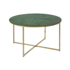 Almaz salontafel Ø80 cm in glas met groene marmerprint en goudkleurig chromen onderstel