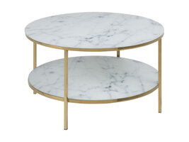 Almaz salontafel Ã˜80 cm, witte marmer print, goudkleurig chroom.