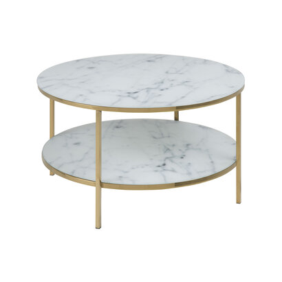 Almaz salontafel Ã˜80 cm, witte marmer print, goudkleurig chroom.