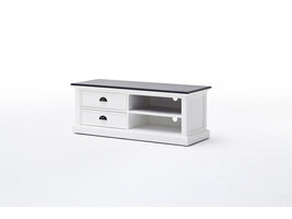 HalifaxContrast tv-meubel met 2 lades en 1 plank, in wit met zwarte bovenkant.