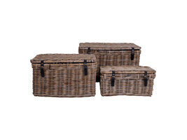 Demsy opbergdozen 3 stk. in kubu grijs met leren hengsels.