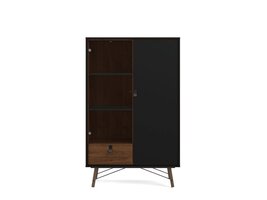 Rye vitrinekast 1 glazen deur, 1 deur, 1 lade mat zwart, walnoot decor.