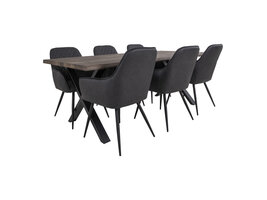 Tony eethoek , 1 eetkamertafel en 6 eetkamerstoelen, donker grijs en eik.