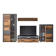 Irina wandkast opstelling incl verlichting voor glazen planken, grijs Matera Old Wood decor.