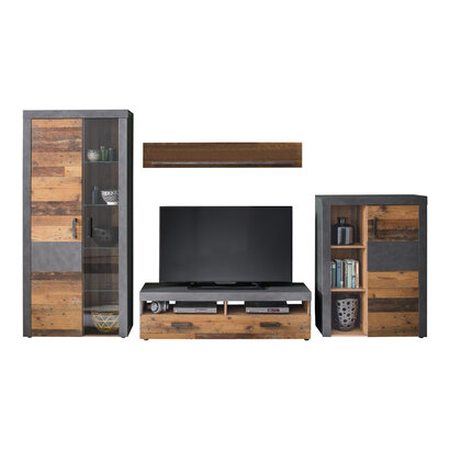 Irina wandkast opstelling incl verlichting voor glazen planken, grijs Matera Old Wood decor.